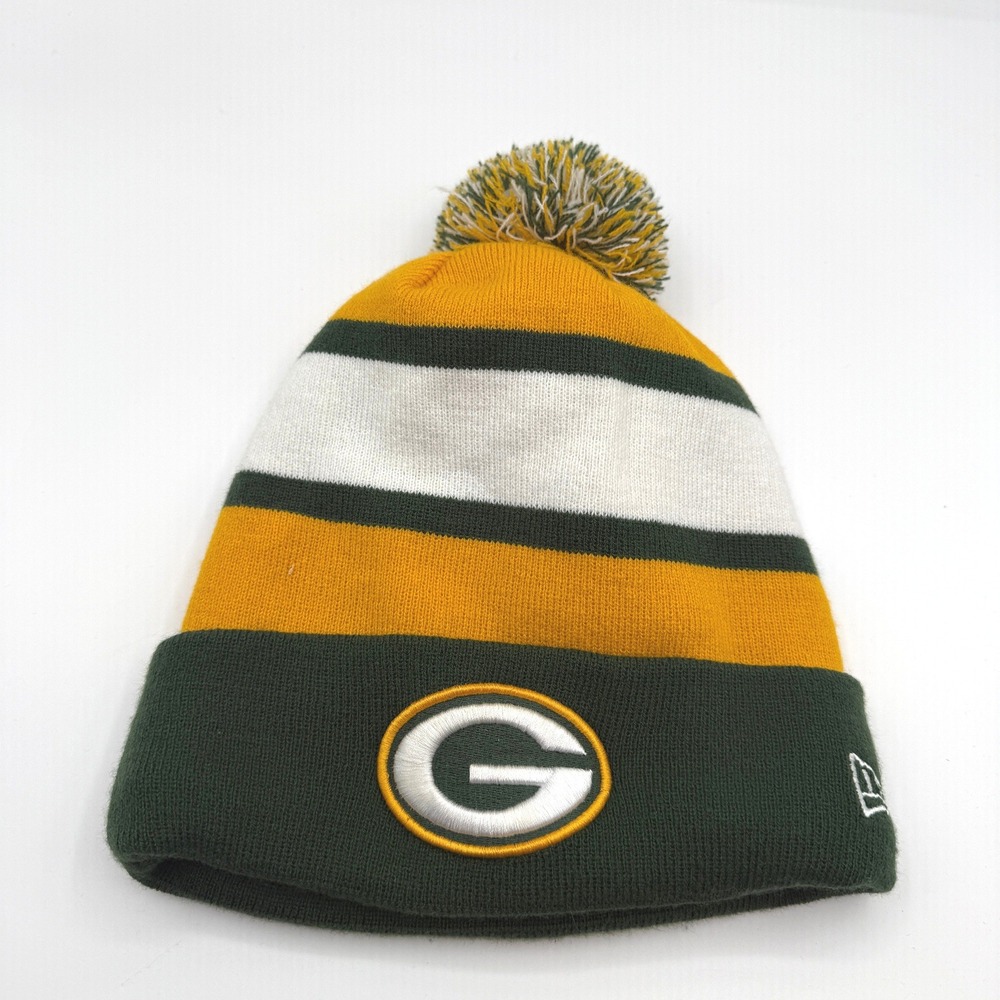 Green Bay Packers Beanie Hat Men One Size Green Gold Striped Pom Pom Wool Blend